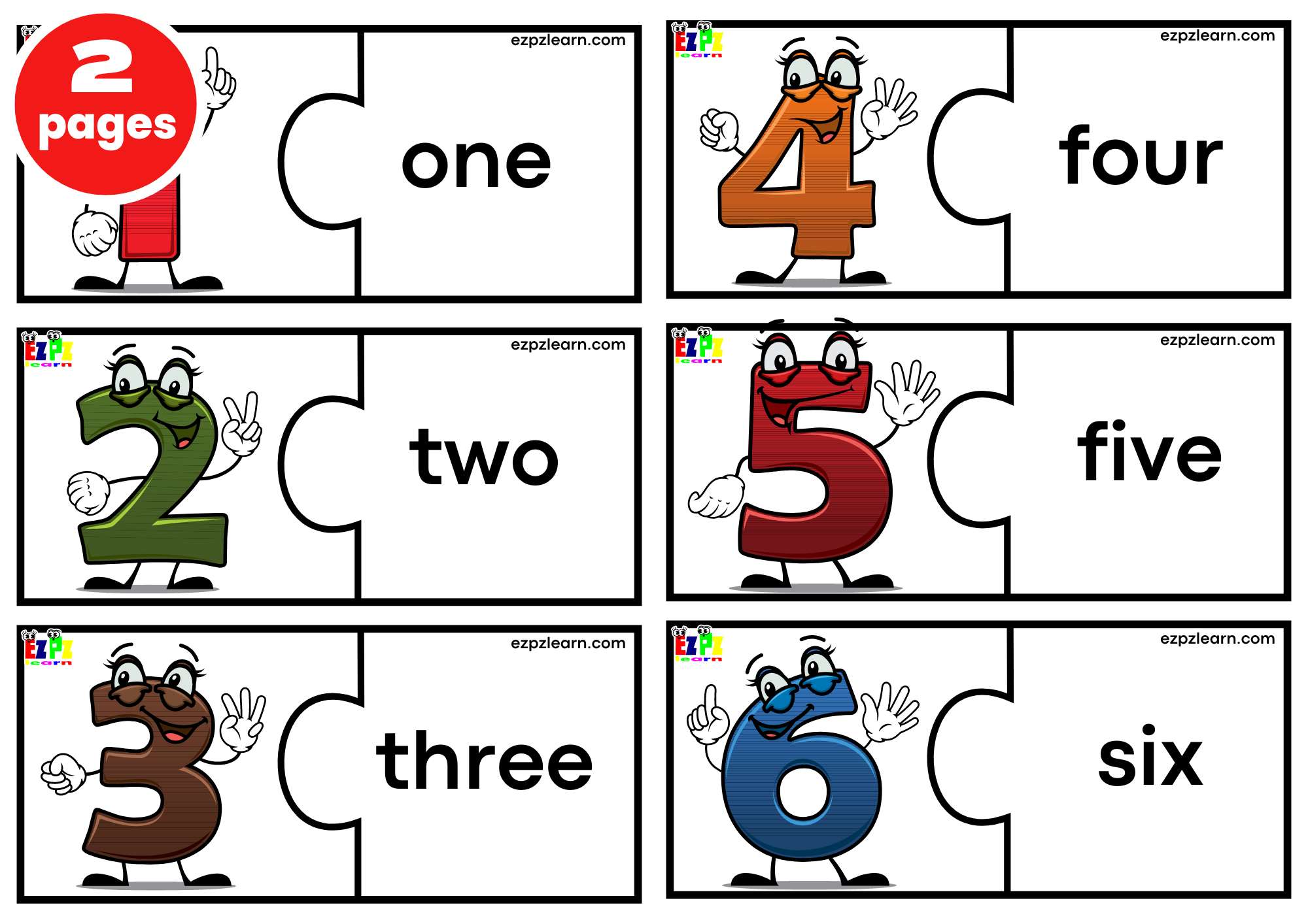 Numbers 1-12 Puzzle Match Game. Large Size 6 Words per page. Free PDF Download